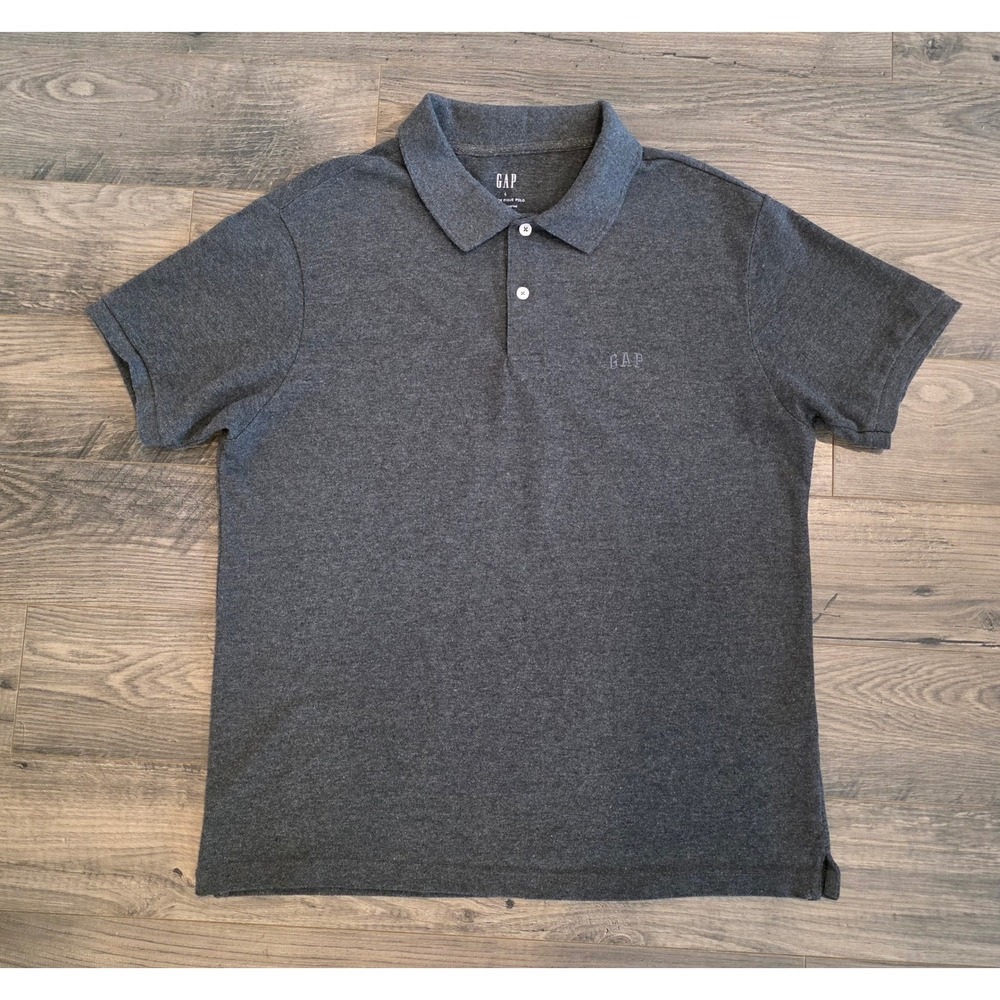 Men's sz L Gap Stretch Pique Polo‎ Shirt Charcoal Heather Grey Short Sleeve Logo
